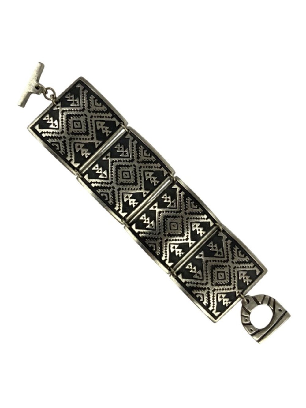 Vintage Alice Seely Silvertone Cuff Bracelet With Tribal Design Toggle Clasp - Picture 2 of 5